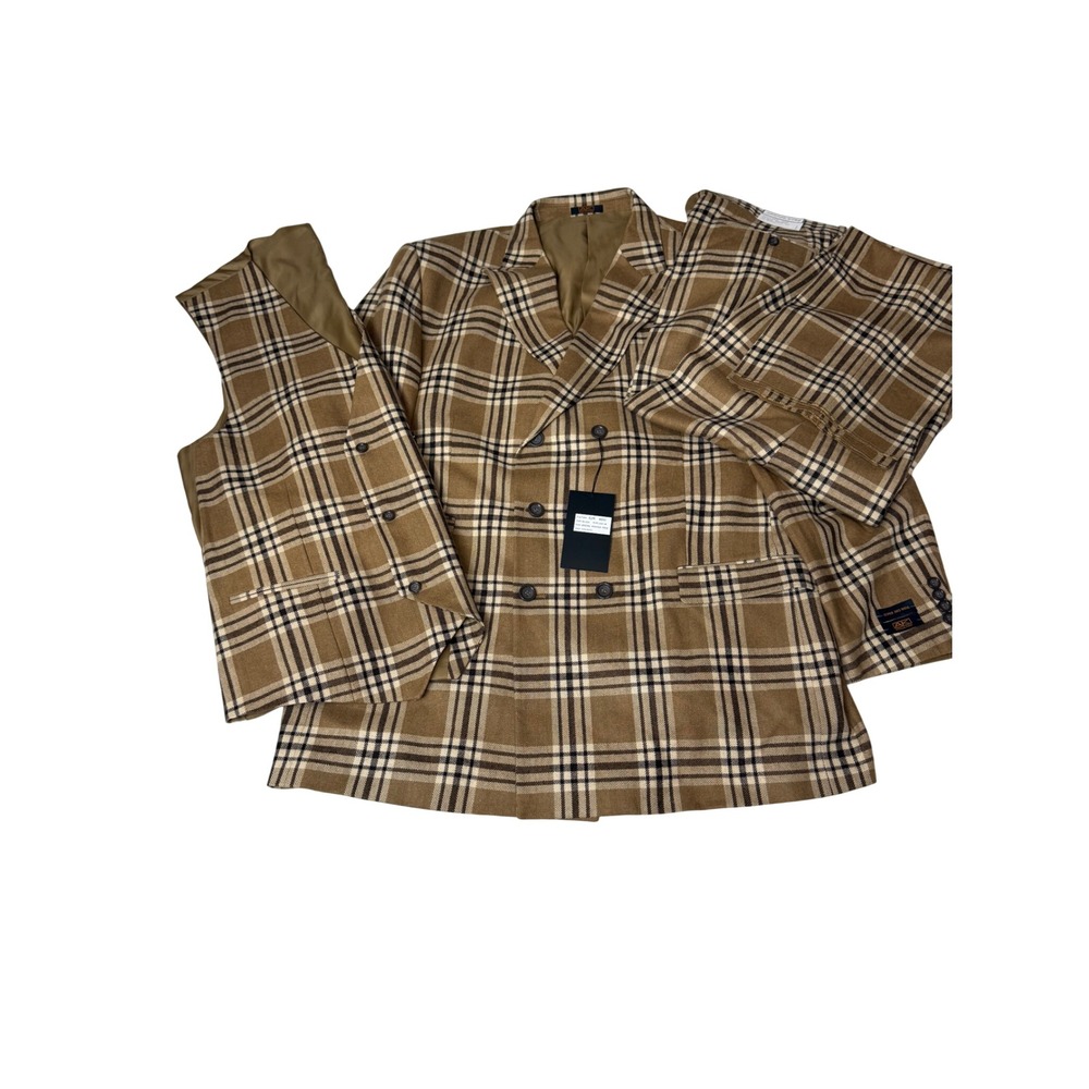 Apollo King Brown Windowpane Plaid 3-Piece Suit Super 150s Wool 52R 46W DH-632